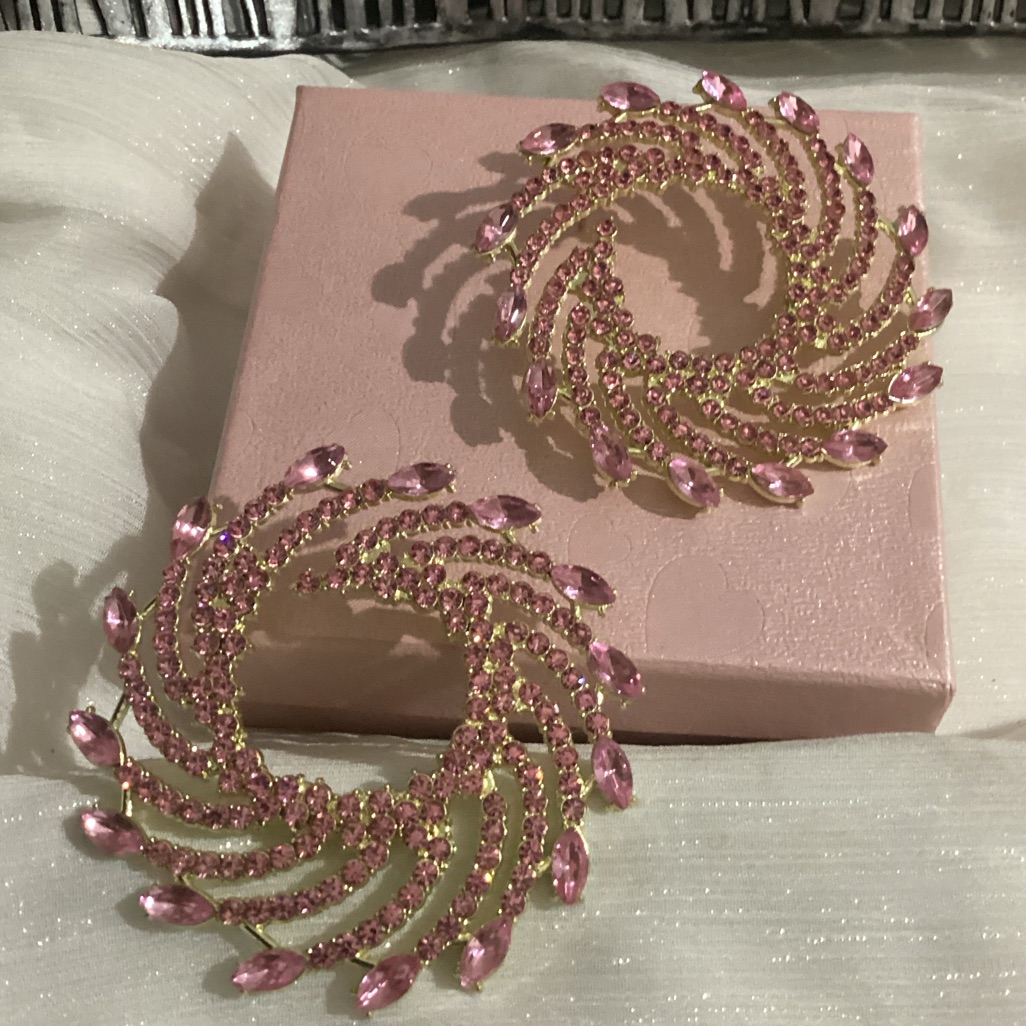 Goldtone Pink Crystal Spiral Fanfare Earrings